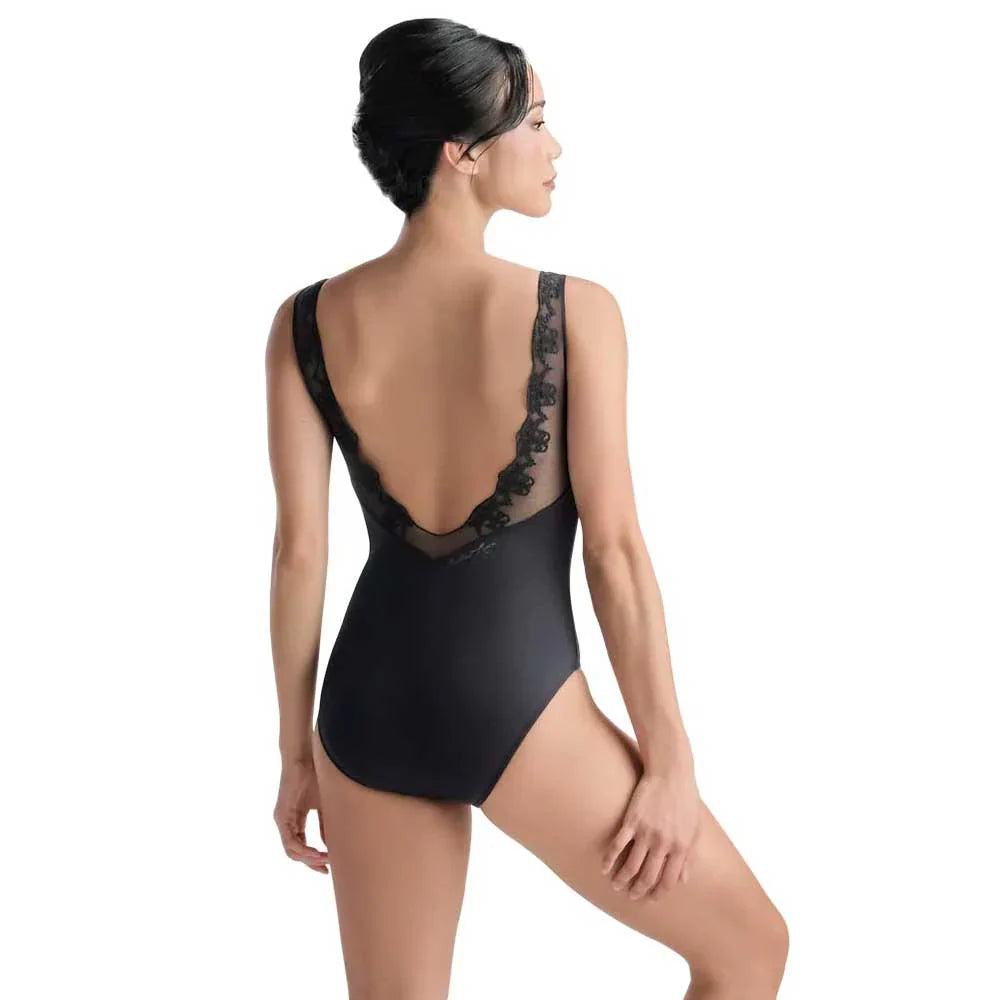 Lynn Boatneck V-Back Embroidered Mesh Leotard